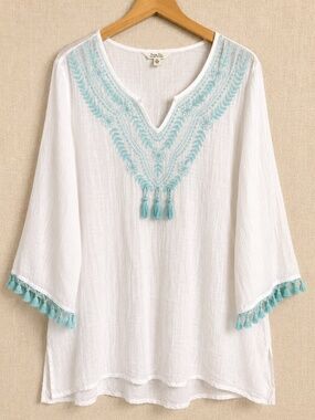 Krazy Kat White Boho Embroidered Tassel Tunic Top XXL Aqua Beachy Resort